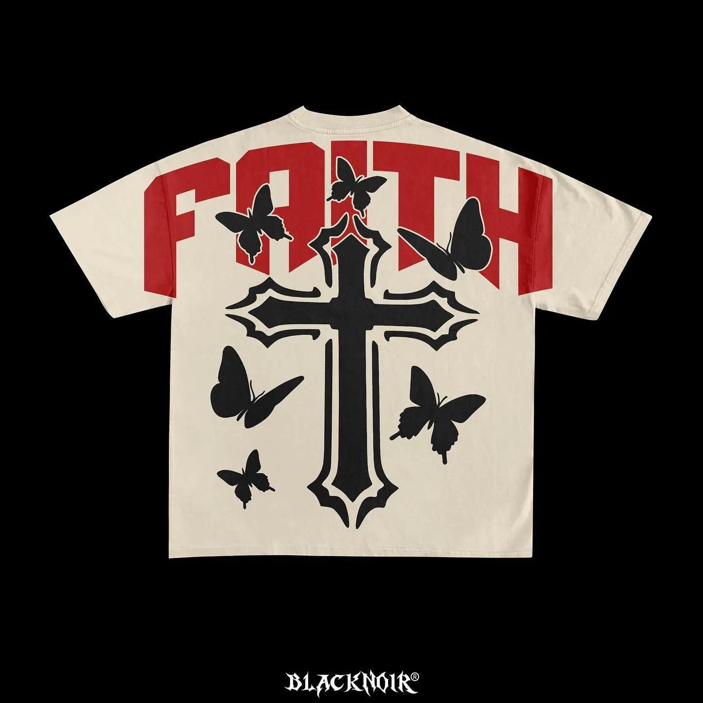 A beige, oversized T-shirt made of high-quality cotton features the word "FAITH" in large red letters, a black cross, and several black butterflies. The text "BLACKNOIR" appears at the bottom, embodying the essence of Maramalive™ Cross butterfly Print graphic t shirts 2023 American y2k tops high quality cotton oversized t shirt goth women clothing.