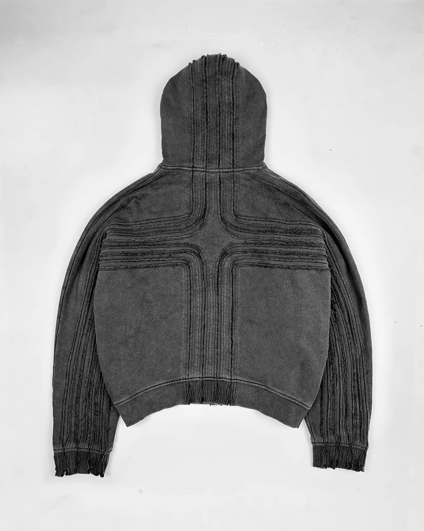 A Maramalive™ Y2k Hoodie Goth Hip Hop Oversized Loose Zip Up Hoodie Casual Harajuku Black Patchwork Long Sleeve Pullover Men Women Streetwear featuring an intricate stitched design on the back, showcasing symmetrical lines forming a grid-like pattern. The image is centered on a white background.