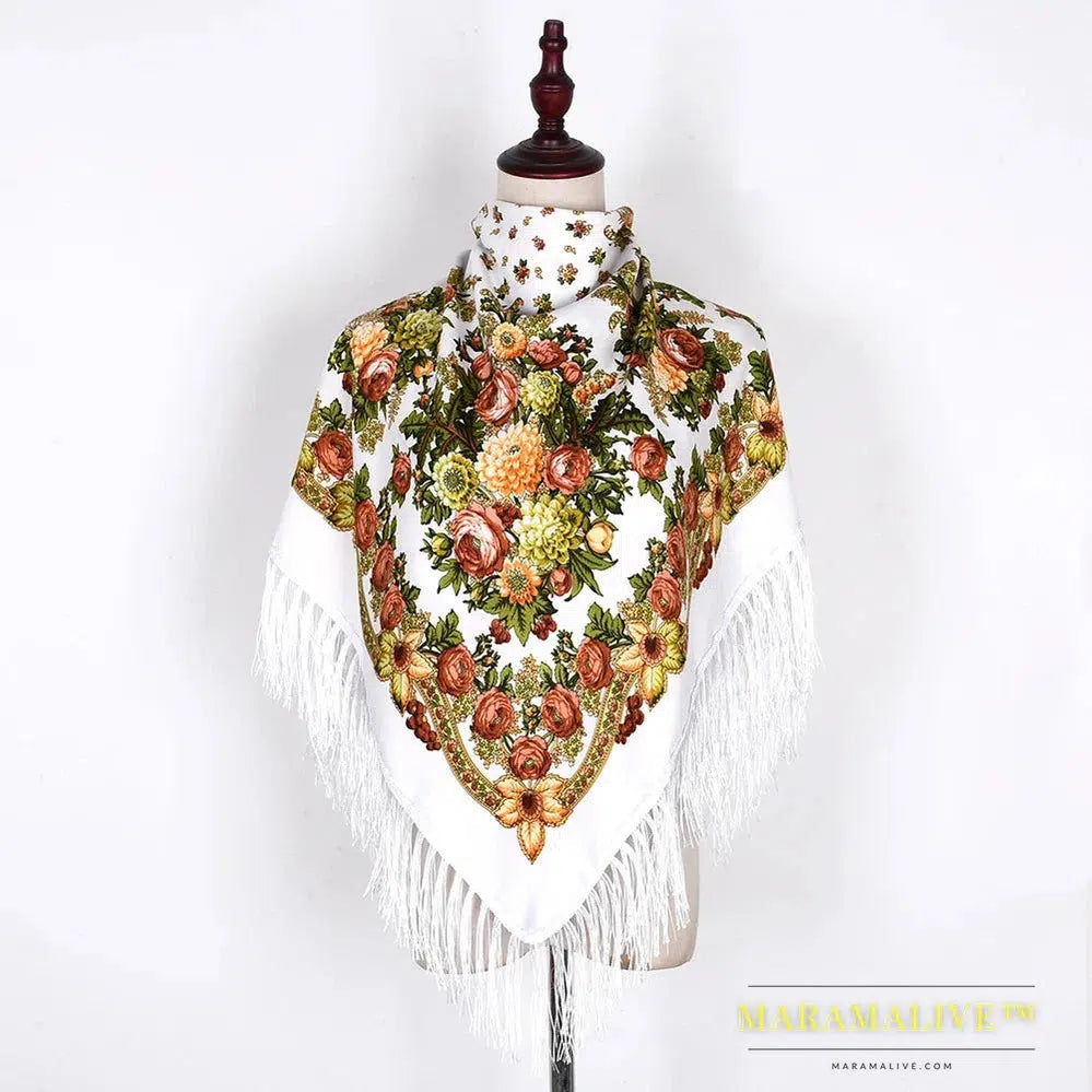 Scarf Shawls Women Fringed Square Bandana Headscarf National Floral Blanket Scarves 110x110cm