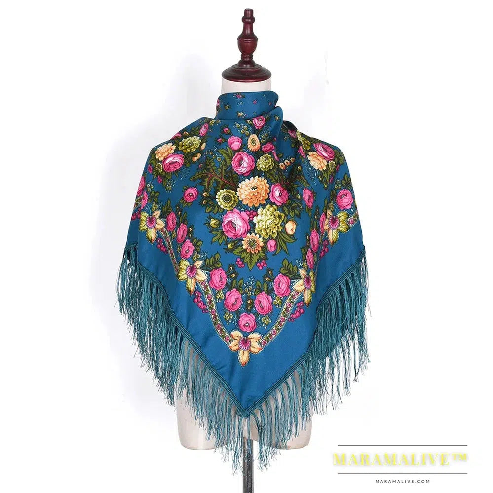 Scarf Shawls Women Fringed Square Bandana Headscarf National Floral Blanket Scarves 110x110cm