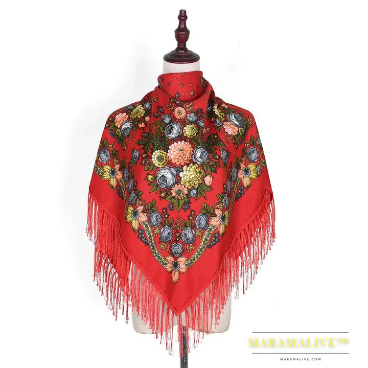 Scarf Shawls Women Fringed Square Bandana Headscarf National Floral Blanket Scarves 110x110cm