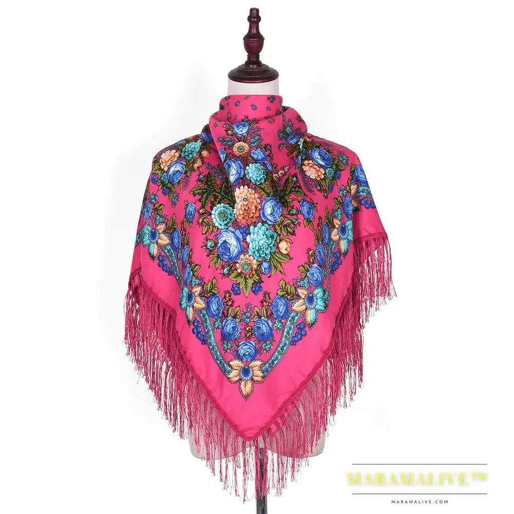 Scarf Shawls Women Fringed Square Bandana Headscarf National Floral Blanket Scarves 110x110cm