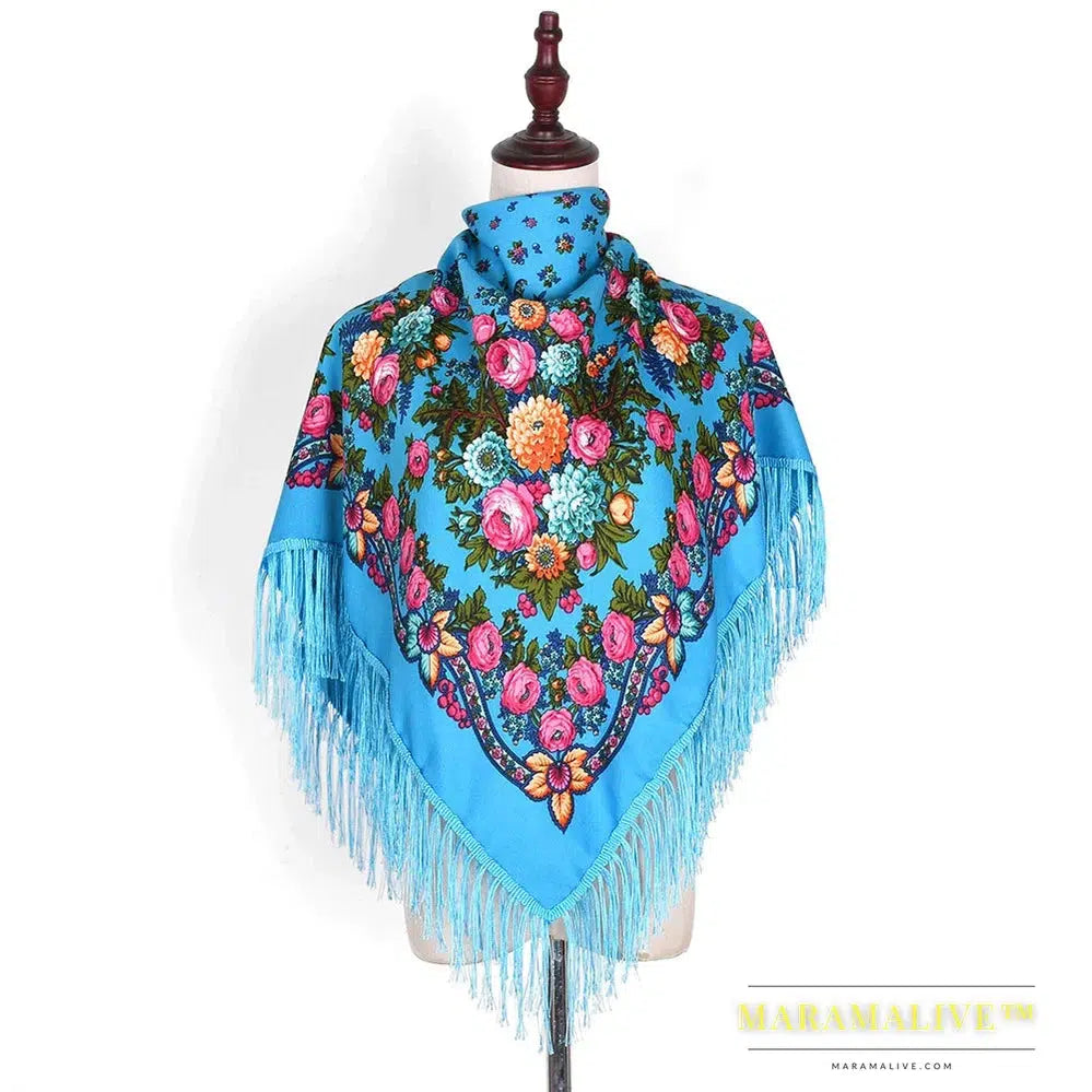 Scarf Shawls Women Fringed Square Bandana Headscarf National Floral Blanket Scarves 110x110cm