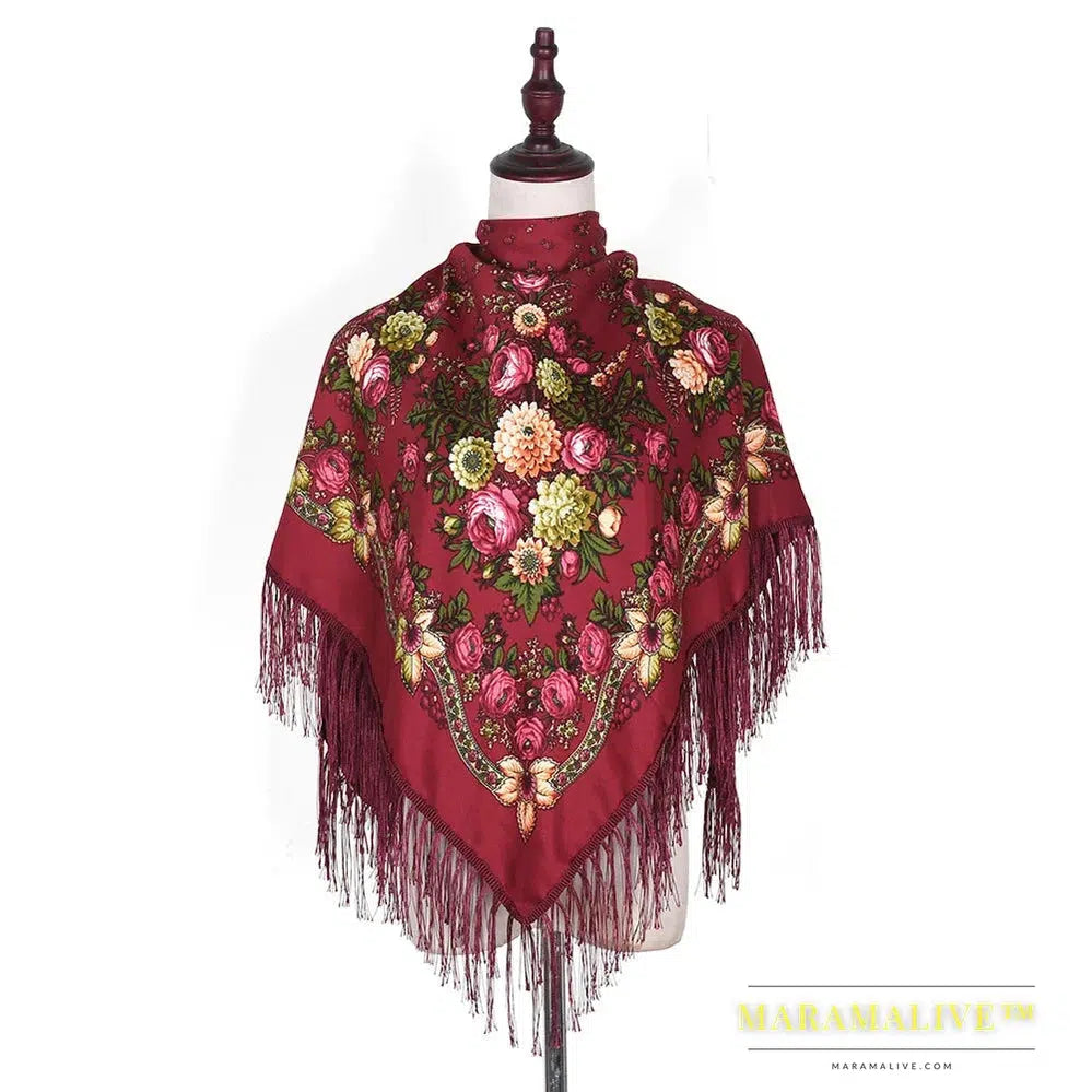 Scarf Shawls Women Fringed Square Bandana Headscarf National Floral Blanket Scarves 110x110cm