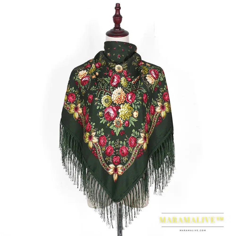 Scarf Shawls Women Fringed Square Bandana Headscarf National Floral Blanket Scarves 110x110cm