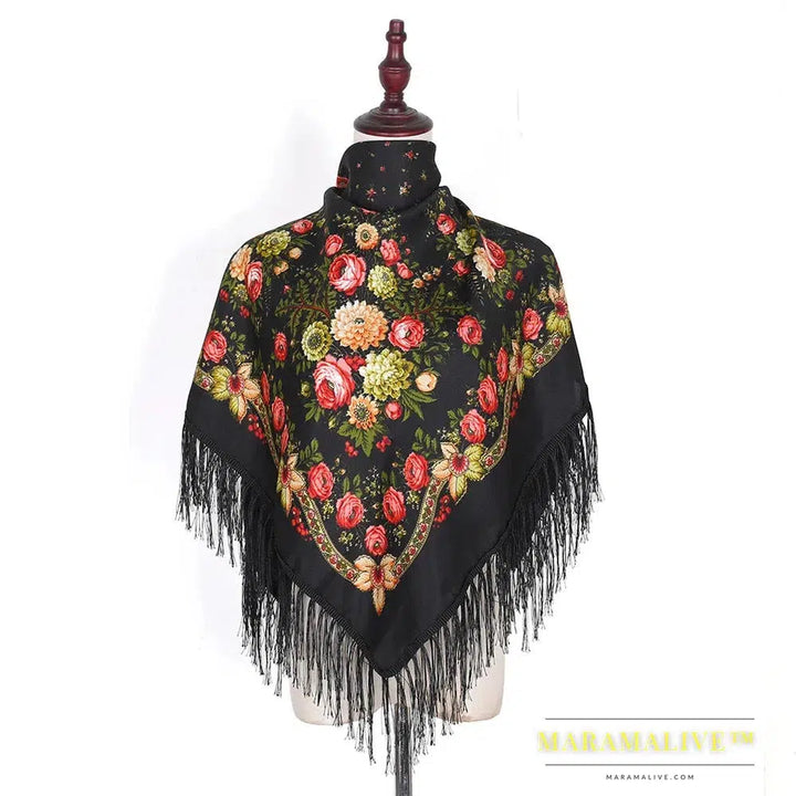 Scarf Shawls Women Fringed Square Bandana Headscarf National Floral Blanket Scarves 110x110cm