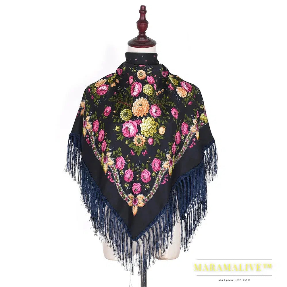 Scarf Shawls Women Fringed Square Bandana Headscarf National Floral Blanket Scarves 110x110cm