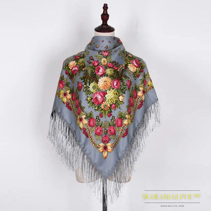 Scarf Shawls Women Fringed Square Bandana Headscarf National Floral Blanket Scarves 110x110cm