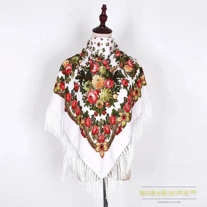 Scarf Shawls Women Fringed Square Bandana Headscarf National Floral Blanket Scarves 110x110cm