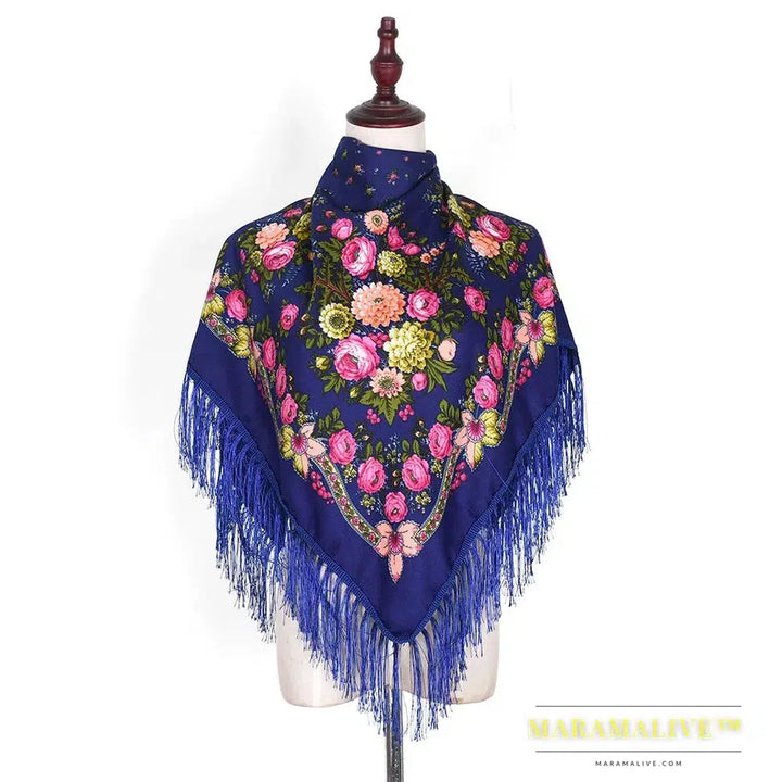 Scarf Shawls Women Fringed Square Bandana Headscarf National Floral Blanket Scarves 110x110cm