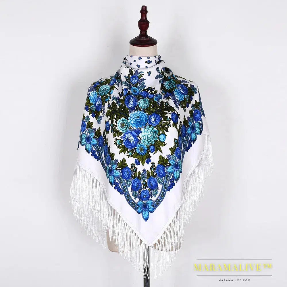 Scarf Shawls Women Fringed Square Bandana Headscarf National Floral Blanket Scarves 110x110cm