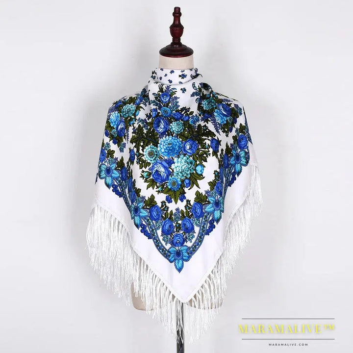 Scarf Shawls Women Fringed Square Bandana Headscarf National Floral Blanket Scarves 110x110cm