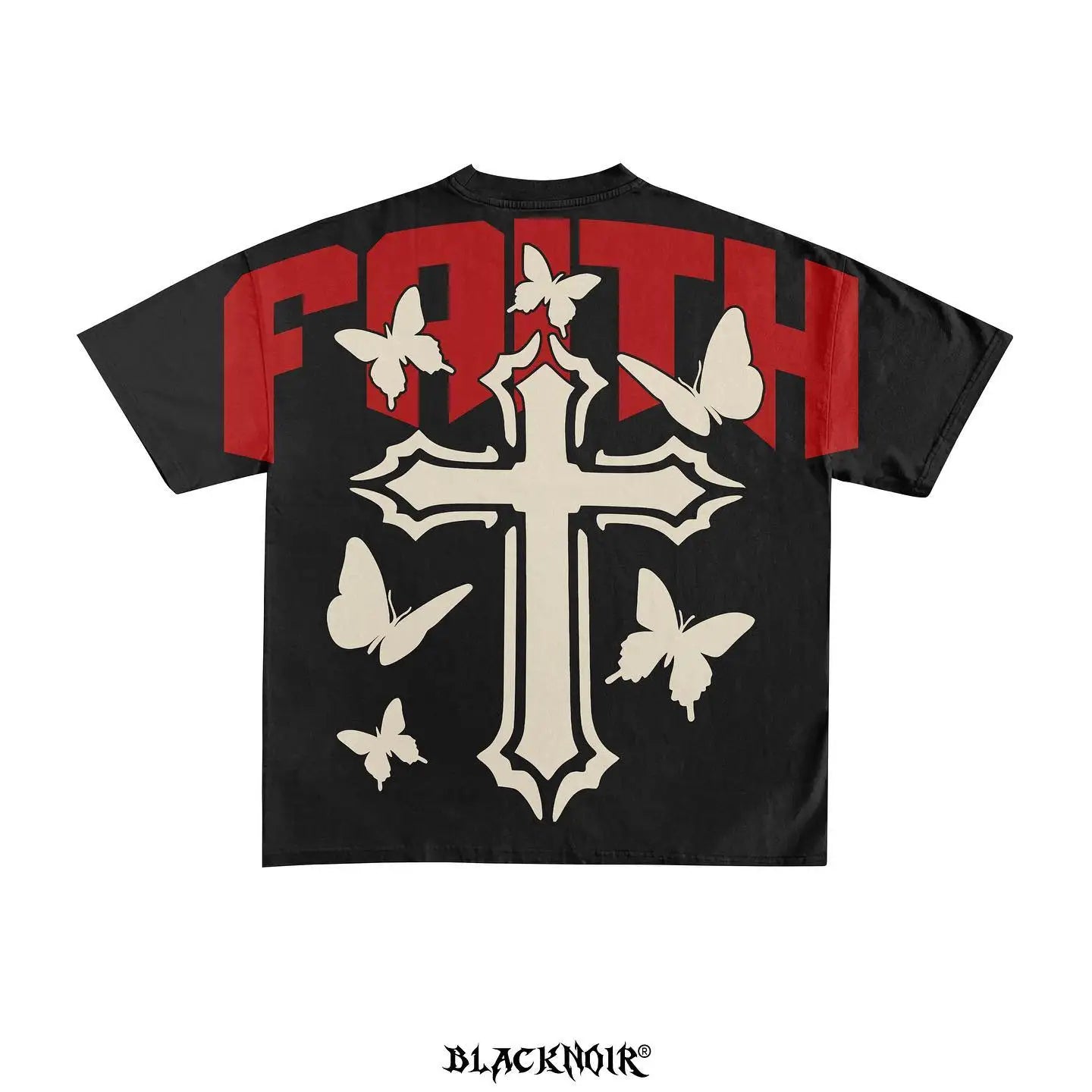 A high-quality cotton, black T-shirt featuring a large cross and several butterflies in cream color on the back, with the word "FAITH" in bold red letters across the top. Perfect for fans of Harajuku goth women clothing, it also boasts an oversized fit with the brand name "Maramalive™" printed below.

Product Name: Cross butterfly Print graphic t shirts 2023 American y2k tops high quality cotton oversized t shirt goth women clothing