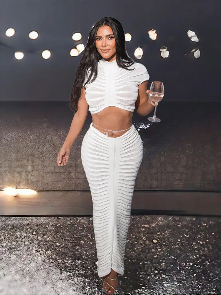 Knit Women Tracksuit 2 Piece Set Striped Stretch See Through Shorts Sleeve Crop Tops+Maxi Skirts Matching Streetwear