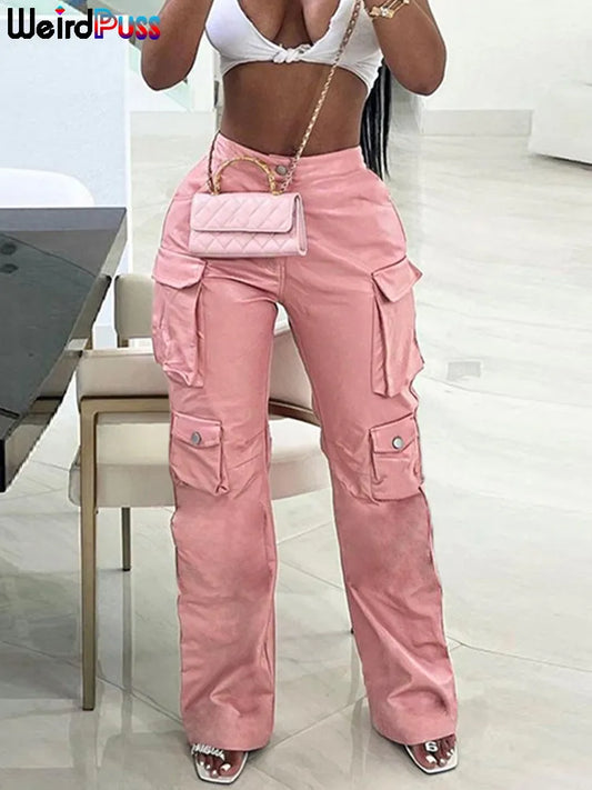 Faux Leather Cargo Pants Women Pocket Casual Hipster Hip Hop Straight-Leg Trousers Wild Streetwear Basic Slim Bottoms