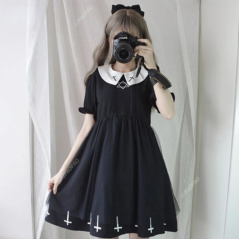 Cute Girl Gothic Lolita Dress Harajuku Fashion Cross Cosplay Female Dress Japanese Soft Sister Style Star Tulle Dress Streetwear