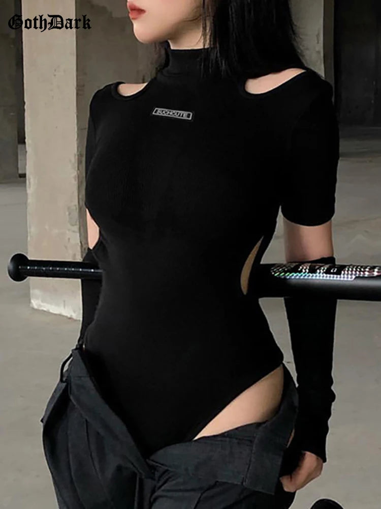 Goth Dark Techwear Punk Bodycon Women Bodysuits Gothic Y2k Black Cut Out Sexy Summer Tops With Gloves Grunge Fashion Streetwear