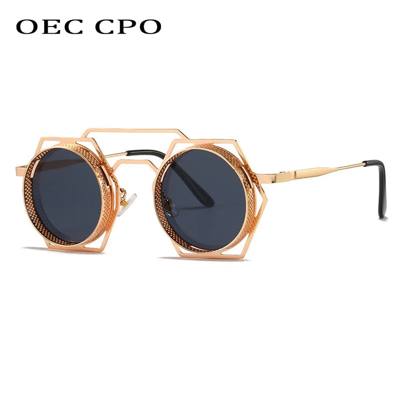 OEC CPO Steampunk Round Sunglasses Women Men 2023 Metal Mesh Personality Sun Glasses Female Eyewear Goggle UV400 Shades Oculos