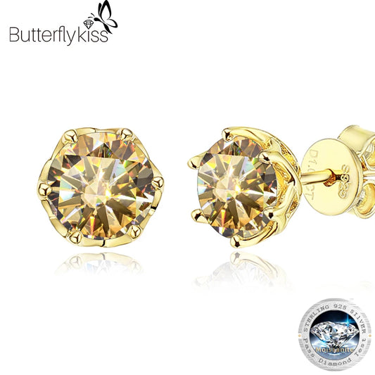 S925 Sterling Silver Gold Plated D Color Moissanite Stud Earrings For Women Top Quality Sparkling Wedding Jewelry