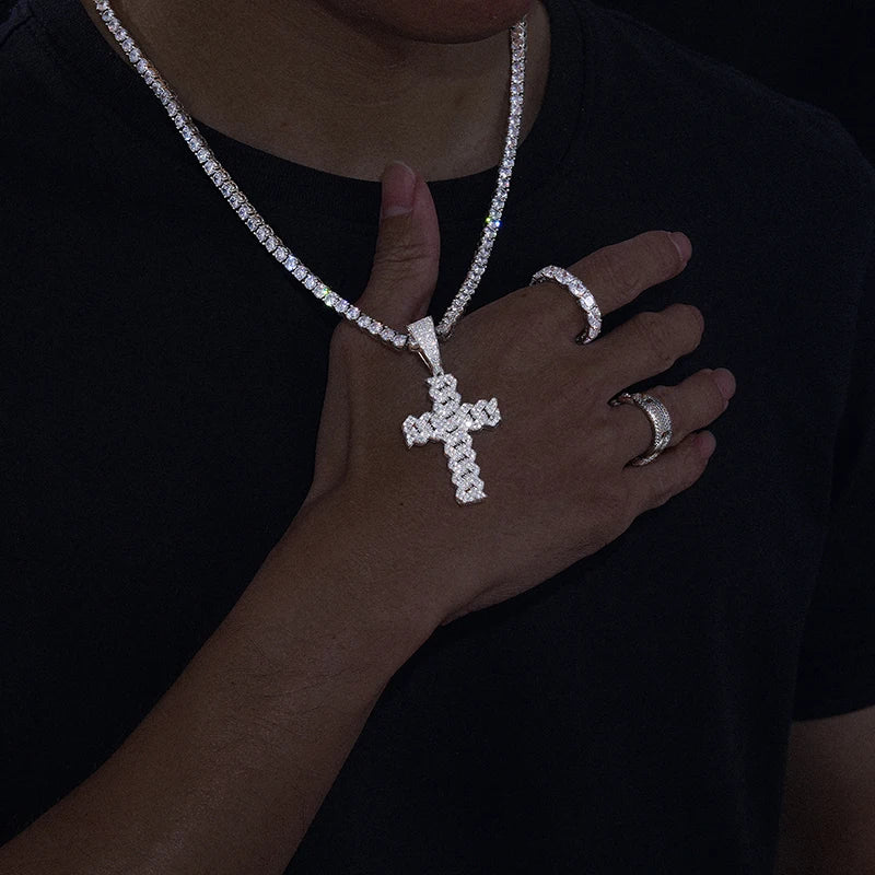 Diamond cross necklaces, gold chains, moissanite.