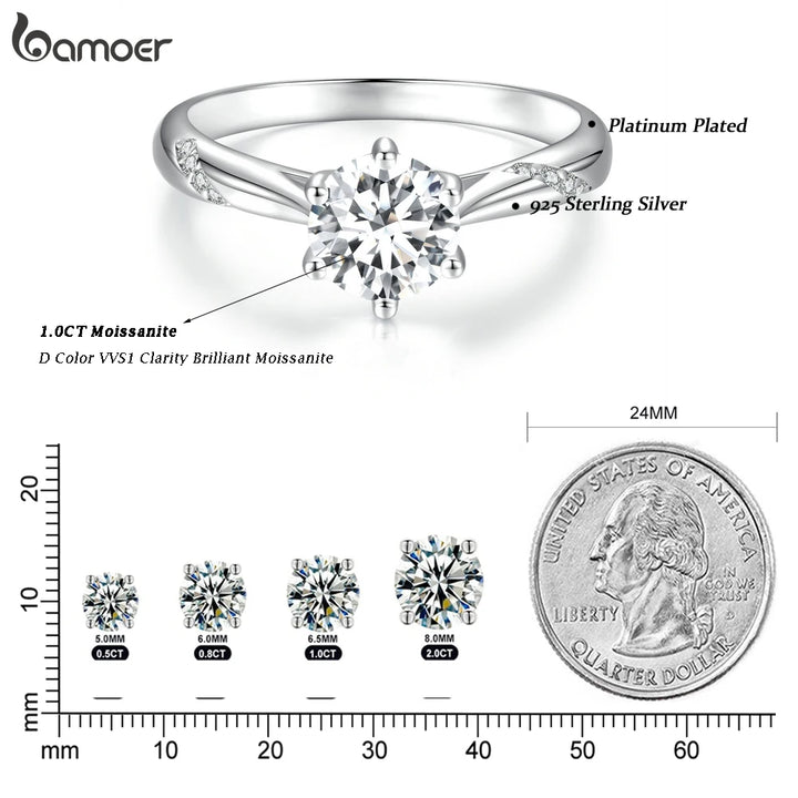 Image of a platinum-plated 925 sterling silver **Moissanite Ring 1ct Round Moissanite Diamond Solitaire Engagement 925 Sterling Silver Rings For Women** by **Maramalive™**, featuring a 1.0CT round gem in the center, with measurements and size comparison against a US quarter and various sized moissanite gems. Perfect for wedding bands enthusiasts.