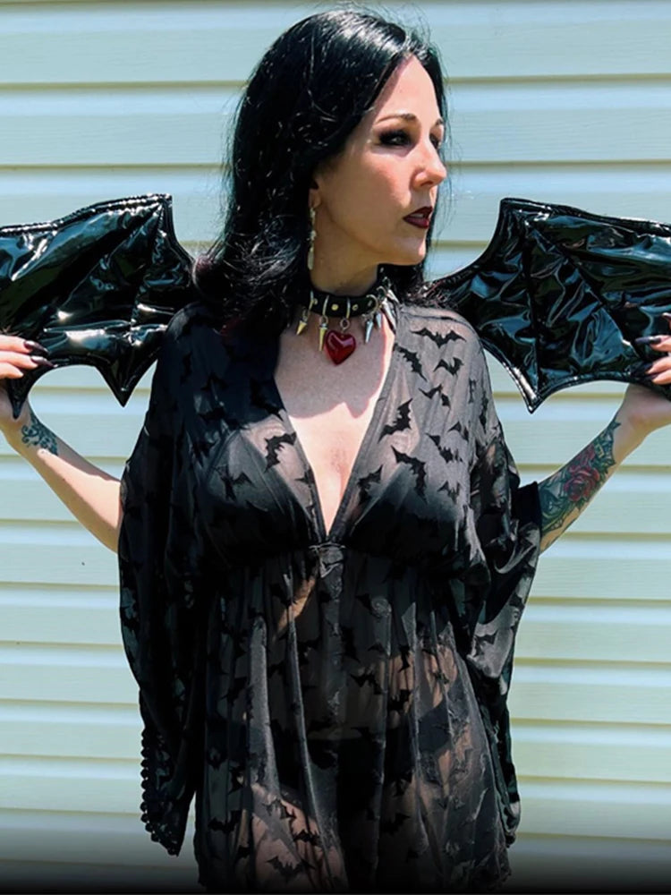 Grunge Aesthetic Women Sexy See Through Dress Balck Goth Lace Vestios for E Girls Chiffon Graphic Bat Nigh Club Clothes