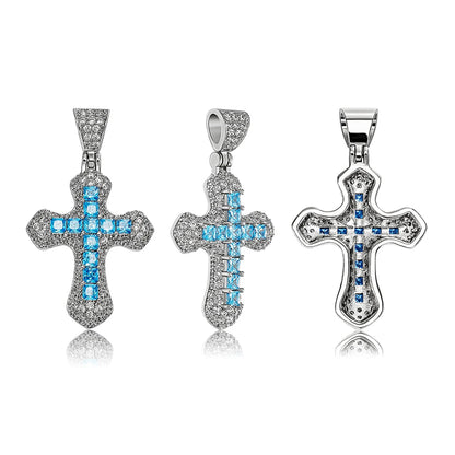 New Classic Shiny Cross Necklace Iced Baguette Blue Zirconia Pendant Fashion Female Religious Jesus Hip Hop Jewelry
