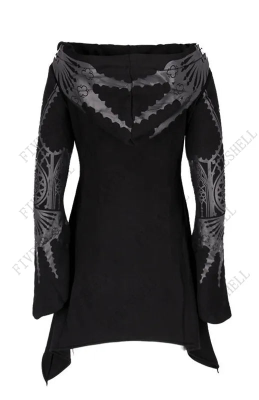 Maramalive™ New Women Spring Autumn Gothic Hoodie Black Steampunk Printed Long Flare Sleeve Coat 2023 Y2k Sweatshirts For Female Streetweary with intricate grey patterns on arms and back, perfect for anime cosplay women's clothing or Gothic clothes enthusiasts. Viewed from behind.