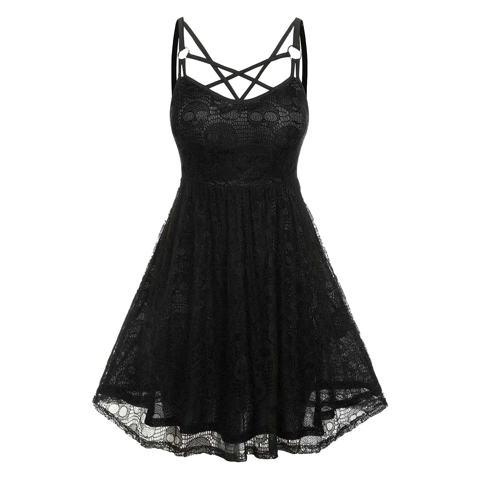 Women's Sleeveless Punk Dress Camisole Skull Print Lace Swing Dress Halloween Spaghetti Strap Steampunk Dress Goth Clothes