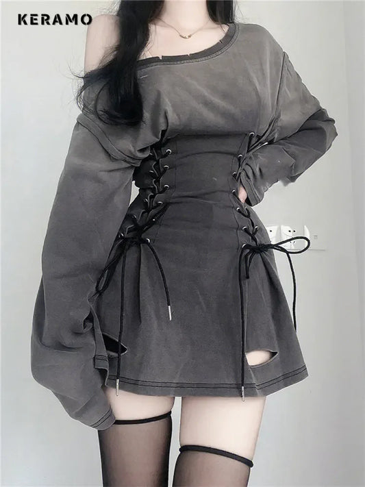 New Fairycore Grunge Goth Corset Dress Women Aesthetic Streetwear Bandage Slim Bodycon Dress Y2k 90s Indie Clothes