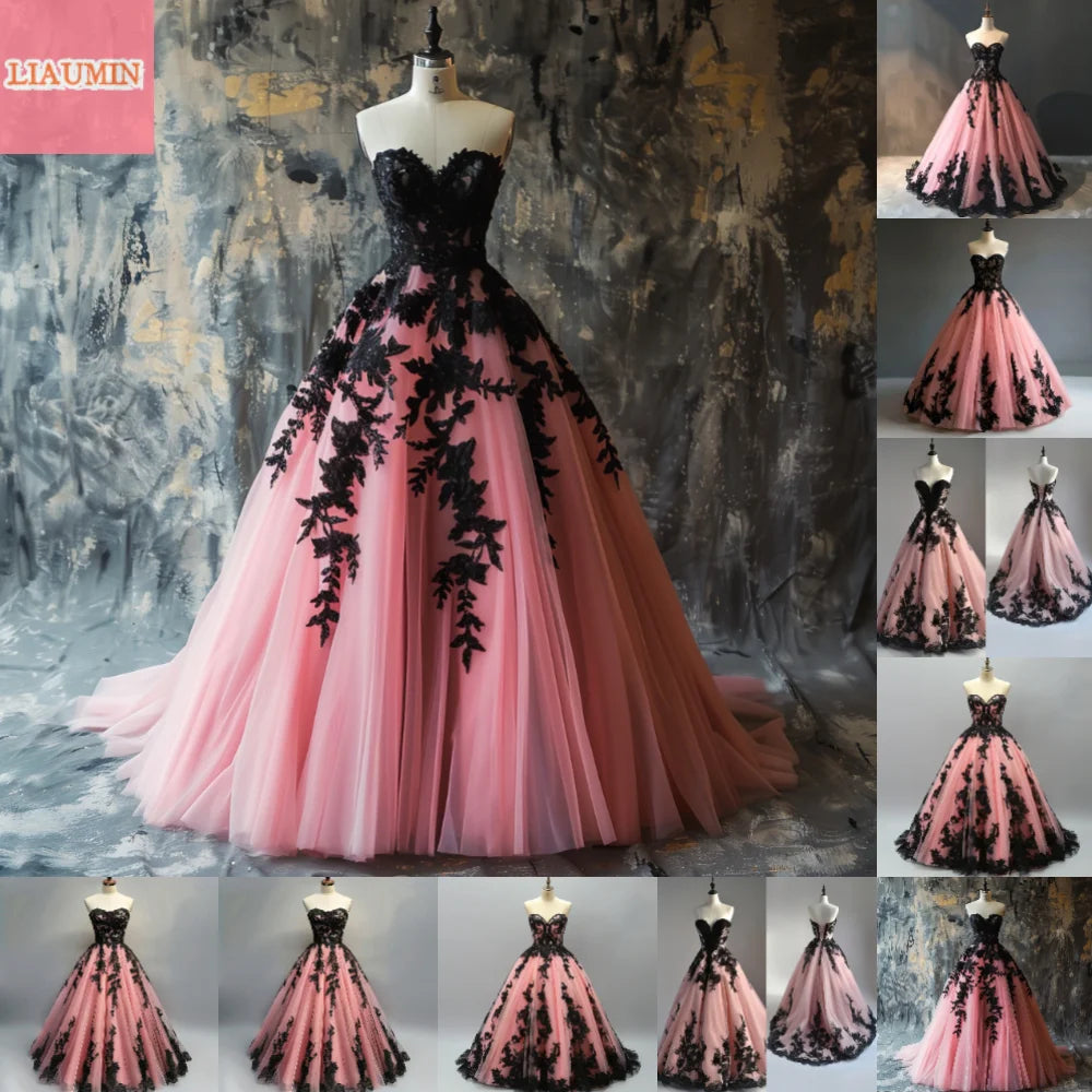 Pink and Black Lace Applique Strapless Ball Gown Full Length Evening Formal Occasion Party Prom Dress Custom Color Size W11-13