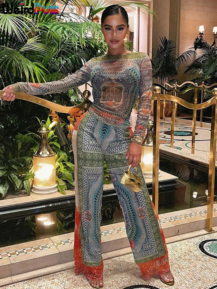Dollar Print Women 2 Piece Set Sexy See Through Skinny Crop Top+Straight Wide Leg Pants Mesh Vacation Matching Outfit