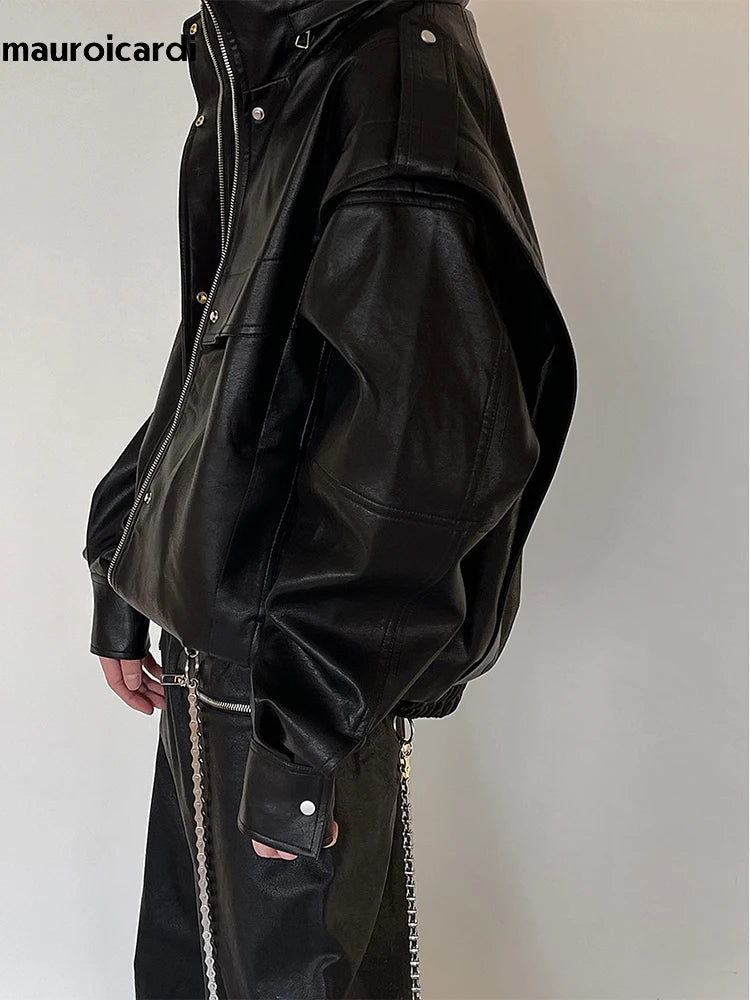 Oversized Cool Waterproof Windproof Black Pu Leather Jacket Men Zip Up Luxury Designer Clothes 2023