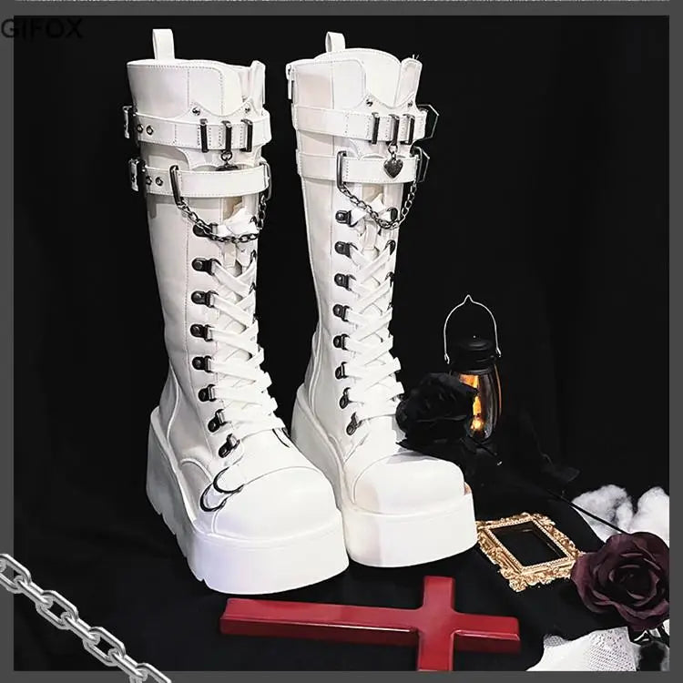Platform High Wedges Gothic Style Women Mid Calf Boots Buckle Zipper Metal Chain Punk Round Toe Autumn Shoes Boots