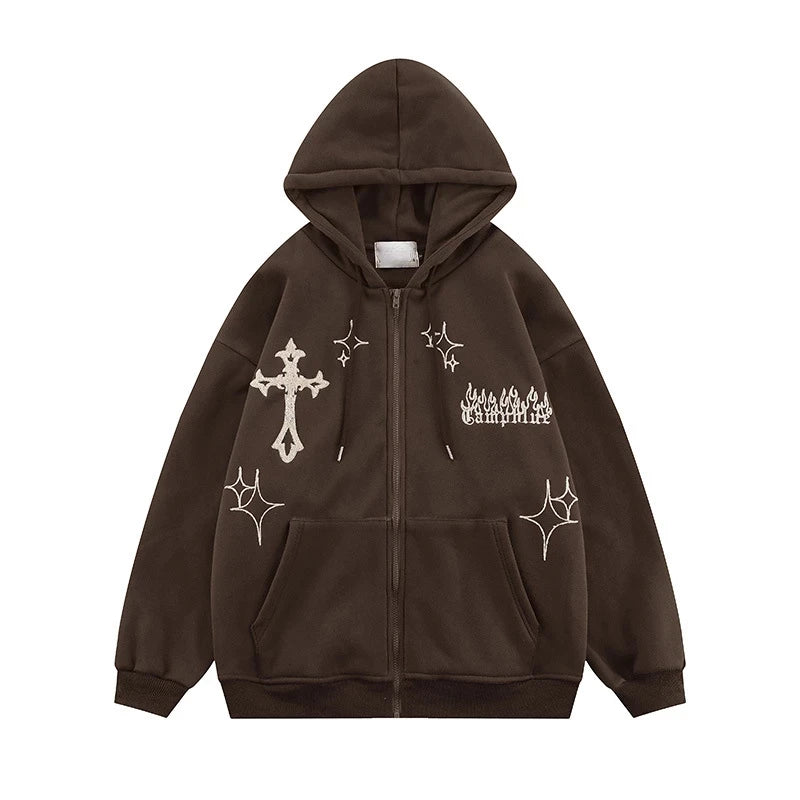 A Maramalive™ Goth Embroidery Hoodies Women High Street Retro Hip Hop Zip Up Hoodie Loose Casual Sweatshirt Hoodie Clothes Y2k Tops, perfect for streetwear, featuring white designs of crosses and star-like shapes on the front.