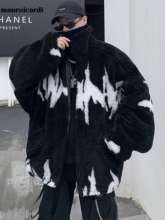 Winter Oversized Thickened Warm Fluffy Faux Fur Jacket Men Raglan Long Sleeve Zip Up Luxury Designer Clothes 2022