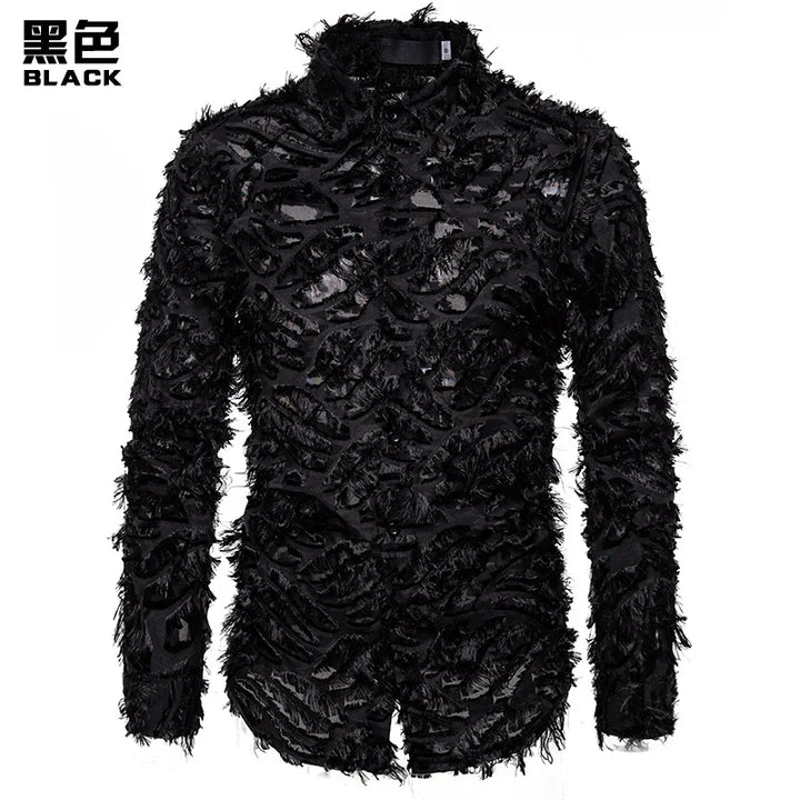 A black, long-sleeved shirt with a textured, shredded design and a collar. The Maramalive™ New Men's Button Shirt Fashion Menswear Designer Personality Cute Clothes Street Fashion Designer Clothes features semi-transparent polyester fiber material with irregular patches, giving it an edgy yet stylish look.