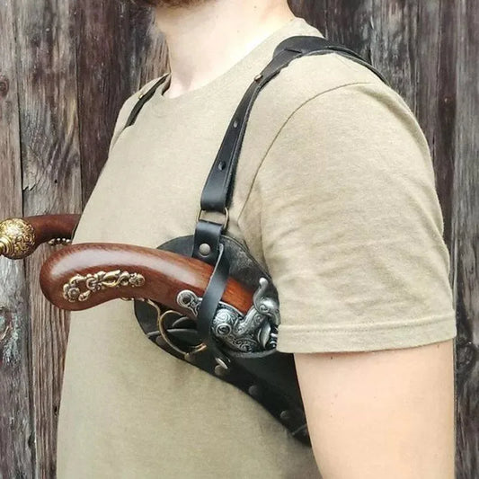 Steampunk Pirate Leather Double Flintlock Holder Holster Universal Shoulder Belt Pistol Gun Case Cover Cosplay Costume Accessory