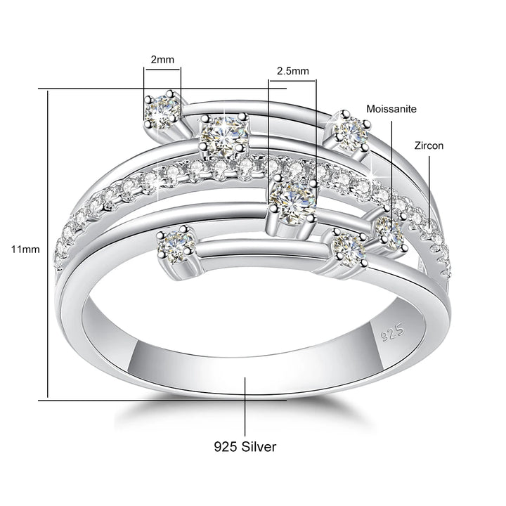 Image of a **Maramalive™ Szjinao Trendy Moissanite Ring Eternity Wedding Band Solid 925 Silver Rings For Women Jewelry Engagement Gift Dropship Supplier** with moissanite and zircon stones, featuring measurement labels. The ring has a multi-band design with various-sized stones set around it.