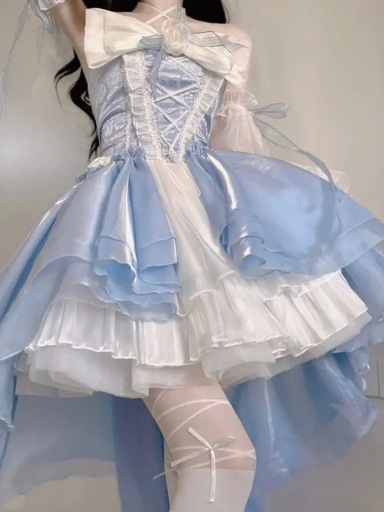 Princess Dresses Elegant Girls Puff Sleeve Ribbon Bowknot Flower Tunic Mesh Fantastic Cosplay Fairy Dress