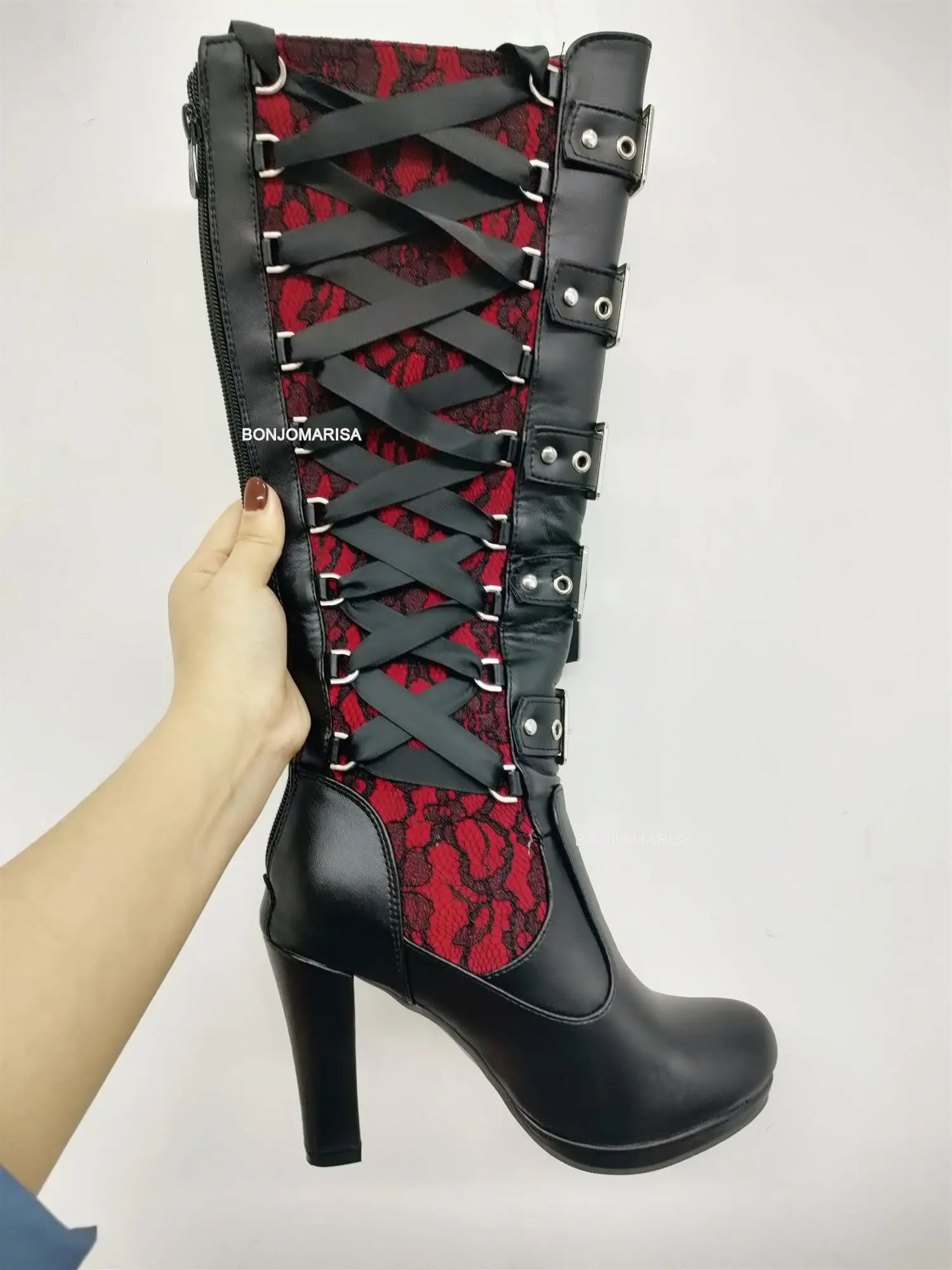 Platform Boots For Women Lace Up Chunky High Heel Mid Calf Boots Narrow Band Bow Knot Goth Gothic Shoes Winter 2023