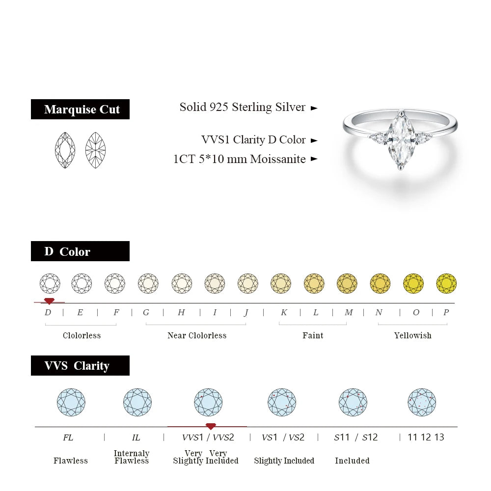 Marquise 1CT Moissanite Ring Real 925 Sterling Silver Rings for Women Men Anniversary Fine Jewelry Wedding Gift