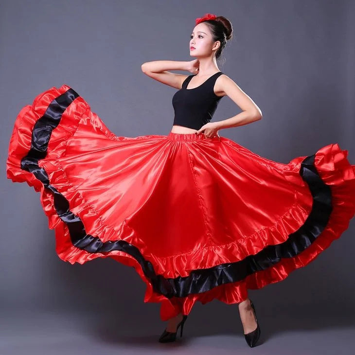 Gypsy Woman Spanish Flamenco Skirt Polyester Satin Smooth Big Swing Carnival Party Ballroom Belly Dance Costumes Dress