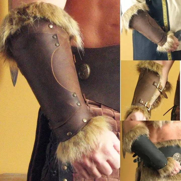 A person wearing a Medieval Viking Warrior Leather Bracer Steampunk Fur Accents LARP Costume for Men Women Riveted Arm Armor Halloween Accessory on their forearm, perfect for a pirate costume. The image includes multiple close-up views of the bracer's intricate details and straps. This product is made by Maramalive™.