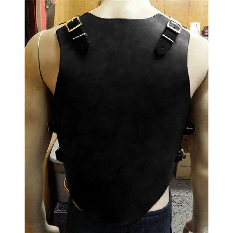 A mannequin is seen from the back, adorned in a black faux leather harness with adjustable buckles on the sides and shoulders—perfect for completing pirate costumes. This piece is the Medieval Steampunk PU Leather Cuirass Viking Knight Gladiator Pirate Cosplay Costume Chest Armor Vest Outfit Breastplate For Men by Maramalive™.