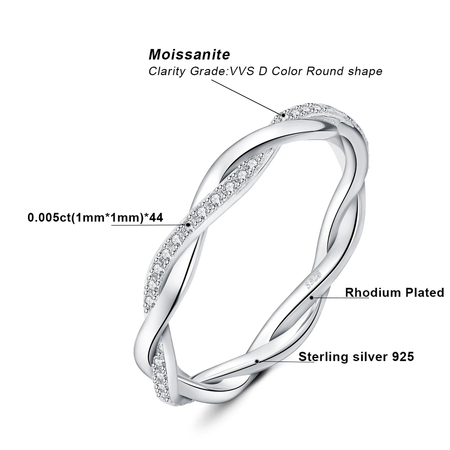 Moissanite D Color Love Rope Infinity 925 Sterling Silver Stackable Band Ring for Woman Yellow Rose Gold Plated