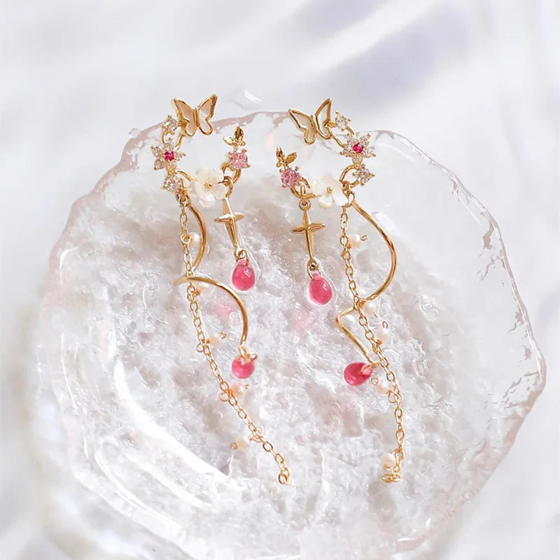 Flower Butterfly Long Tassel Earrings for Women Fashion Personality Cute Summer Daily Accessories Party Jewelry Birthday Gift