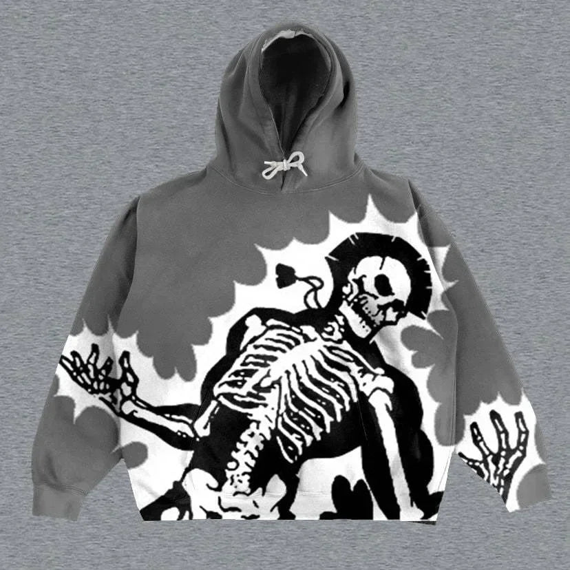 A grey hooded sweatshirt featuring a graphic print of a skeleton with raised arms, surrounded by black and white cloud-like designs, perfect for embracing that punk style. This versatile piece from our Maramalive™ Explosions Printed Skull Y2K Retro Hooded Sweater Coat Street Style Gothic Casual Fashion Hooded Sweater Men's Female collection is ideal for all Four Seasons.