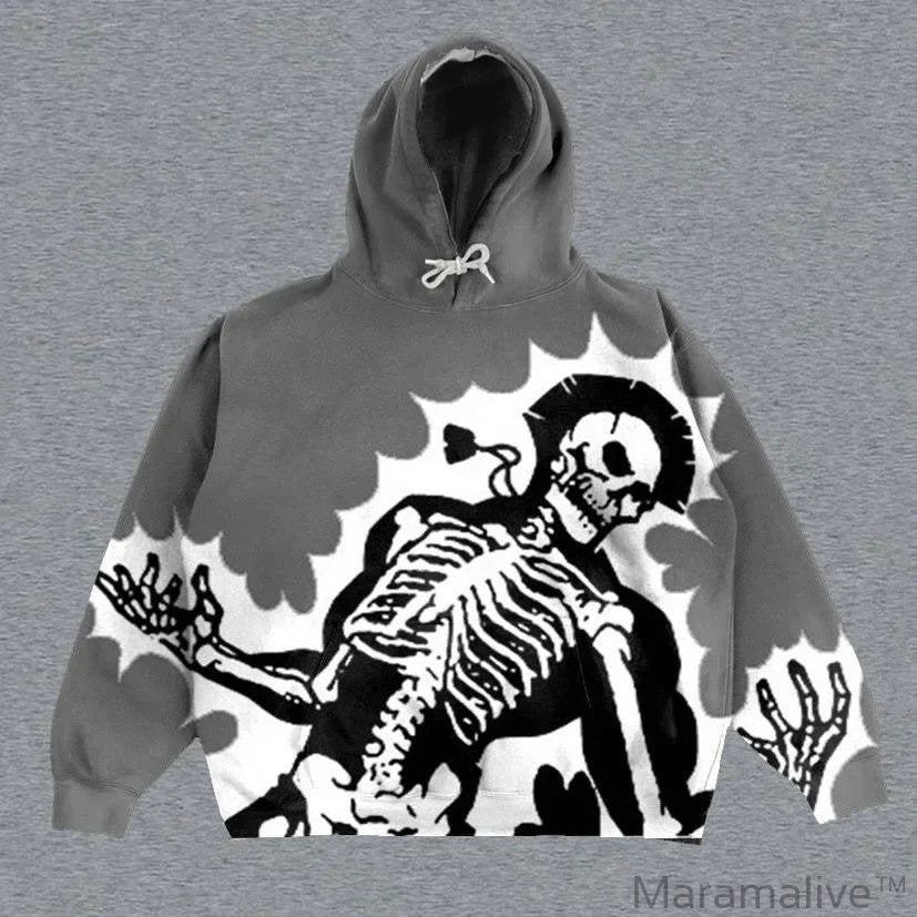 Explosions Printed Skull Y2K Retro Hooded Sweater Coat Street Style Gothic Casual Fashion Hooded Sweater Men's Female