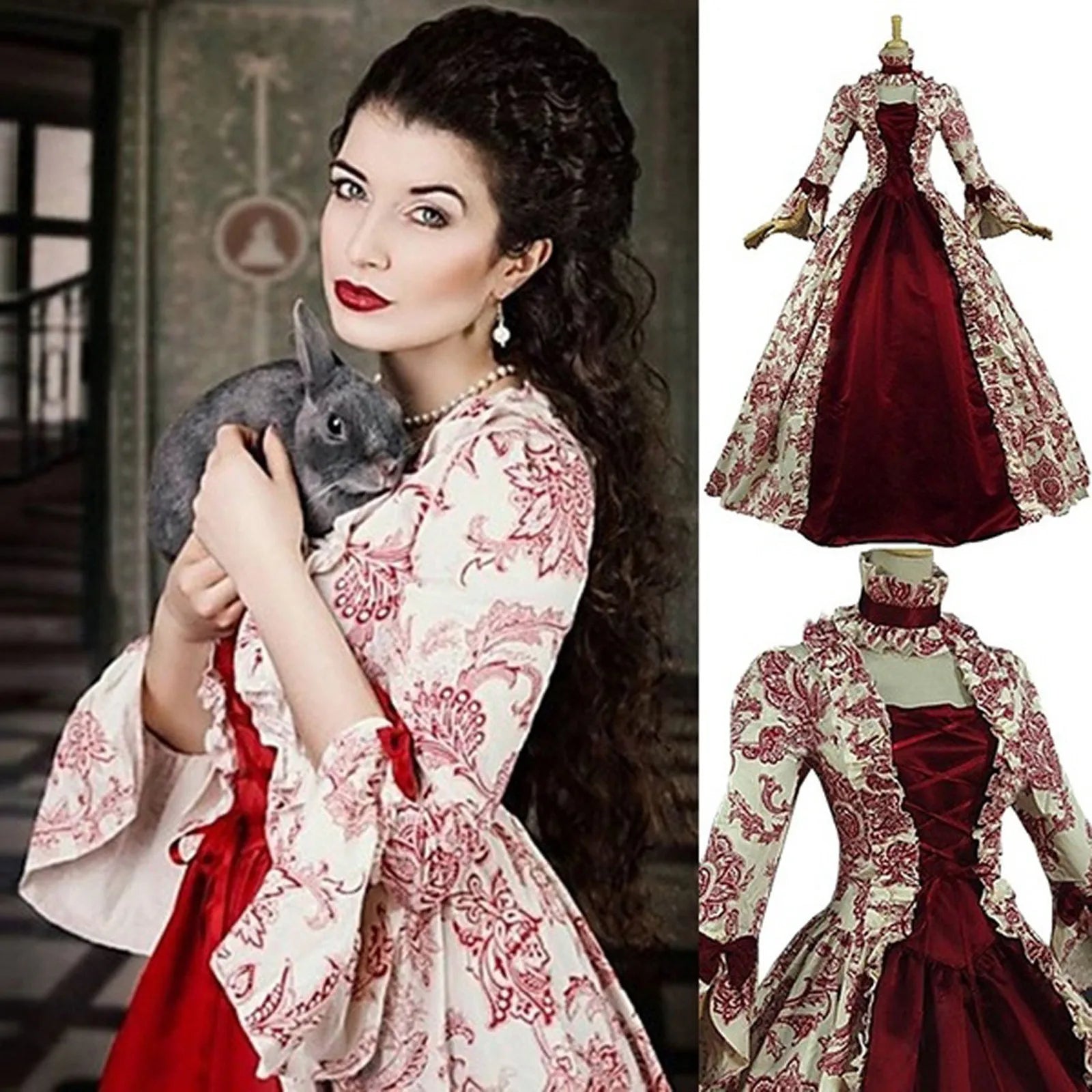 Women Lace-Up Medieval Dress Ruffles Bow Vintage Victorian Carnival Maxi Dress Patchwork Floral Female Fairy Long Dress